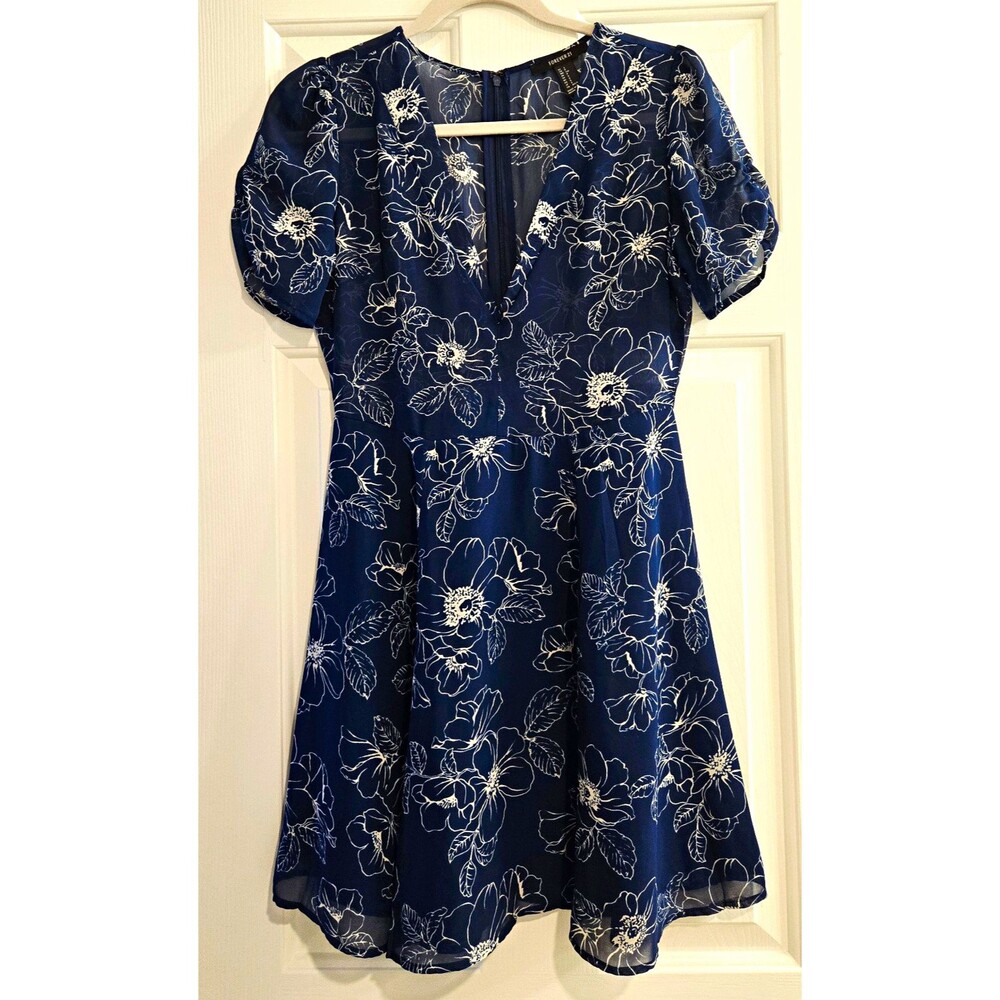 Forever 21 Navy Blue Floral Chiffon Mini Dress Small Puff Sleeve V-Neck Cottage